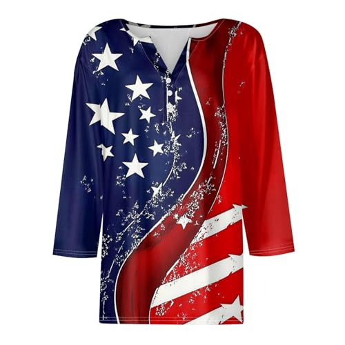 Image of 4th of July Shirts Women 3 /4 Length Sleeve Womens Tops Henley Neck Casual Patriotic T Shirts