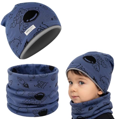 AOOSU Kinder Mütze Loop Schal Set - 95% Baumwolle Beanie, |2-8 Jahre| Blau
