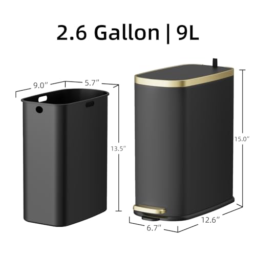Image of KUK Small Bathroom Trash Can with Lid Soft Close, Step Pedal, 2.6 Gal Stainless Steel Garbage Can with Removable Inner Bucket, Anti-Fingerprint Wastebasket for Office, Bedroom, Toilet (Black)
