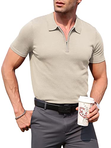 Rqp Mens Zipper Polo Shirts Tan Half Zip Up Pullover Short Sleeve Sweater Casual Knit Collared Shirt Ivory Fashion Trendy Summer Clothes High Stretch Rib Tshirt,Beige,X-Large #TOP1