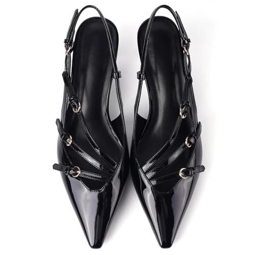 Image of CORNMOOD Stiletto Slingback Heels Pumps for Women | Glossy Patent Leather Kitten heel, Chic Dress Shoes for Modern Women, Ideal Wedding Evening Party and Work Office Outfit