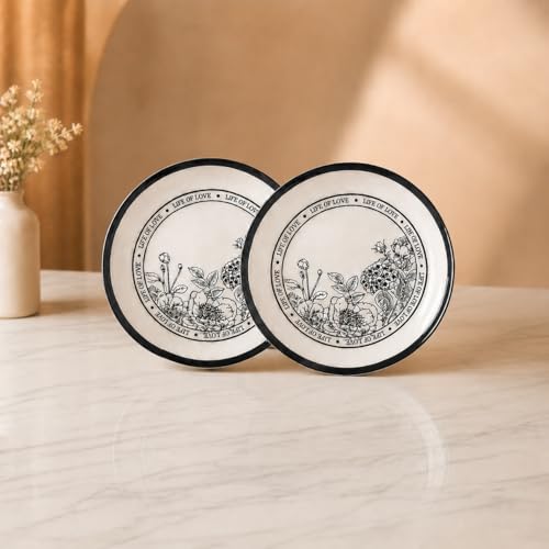 Image of Premium Ceramic Dinnerware Gift Set (14 Pieces) | 2 Dinner Plates, 6 Bowls & Spoons Black Floral Design Microwave Dishwasher Safe Luxury Dining for Home