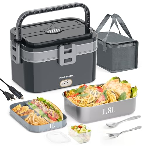 80W Faster Heat Electric Lunch Box Heater for Car Truck Work Home, 12V 24V 110V Portable Food Warmer with 1.8L Stainless Steel Container, Leak-proof Lunch Heater with Fruit Box, Bag, Spoon, Fork