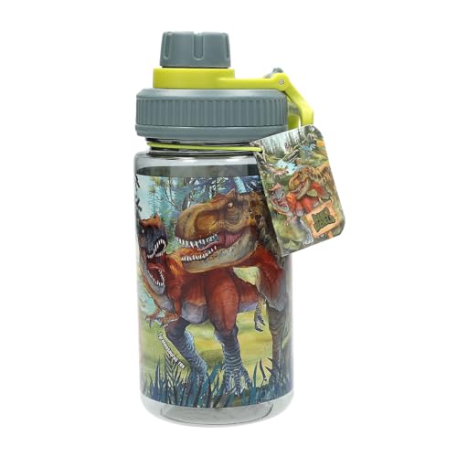 Depesche 13402 Dino World Bite - Botella Transparente con Estampado de Dinosaurios, Tapa y asa Verdes abatibles, Capacidad Aprox. 500 ml