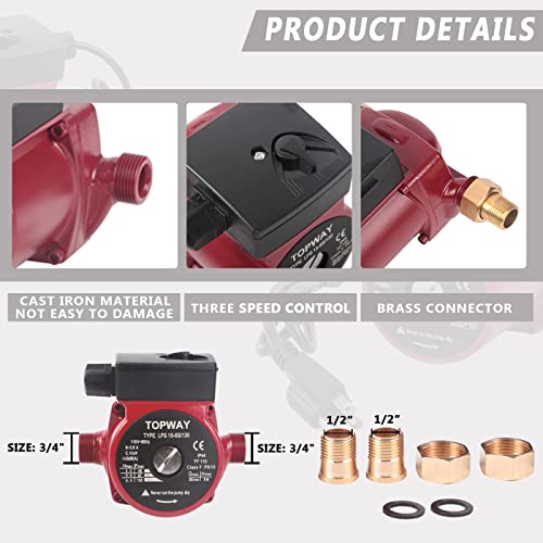 TOPWAY 3/4" NPT 110V Hot Water 3-Speed Circulation Recirculating Pump Circulator Pump for Water Heater System