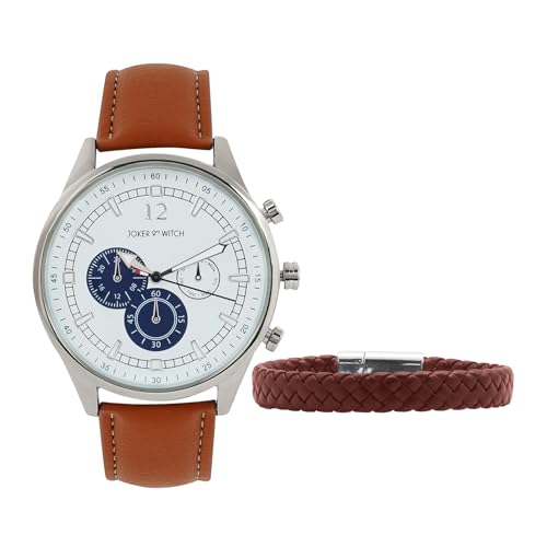 Image of Joker & Witch Leather Hawkeye Men Analogue Watch Bracelet Stack, White Dial, Brown Band