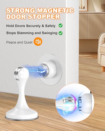 Image of Crosize Magnetic Door Stoppers 8 Pack, Stainless Steel Door Stops for Wall and Floor Mounting, Door Holder Keep Door Open, No Drilling Door Stop with 3D Adhesive Tapes, White