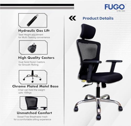 Image of FUGO FG402 Ergonomic High Back Mesh Office Chair with Korean Nylon Mesh, Cushioned Seat, Tilting Mechanism, Adjustable 2D Headrest, Lumbar Support, Heavy-Duty Metal Base - 3-Year Warranty (FG404)