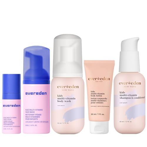 Evereden Kids Travel Essentials Set: Clean & Vegan 5-Piece Skin Care Travel Set for Kids | Body Wash Lotion Face Wash Cream 2-in-1 Shampoo & Conditioner | TSA-approved | Travel Size Toiletries