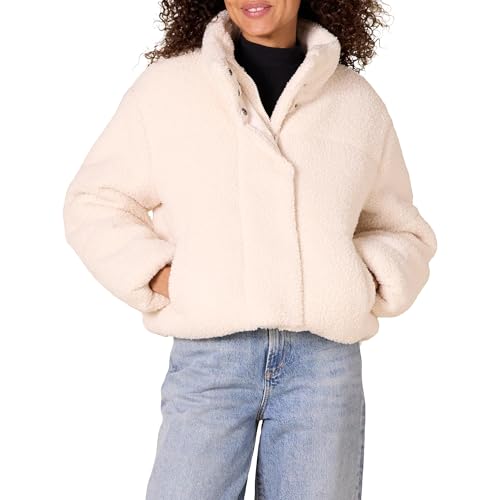 Amazon Essentials Chaqueta Acolchada y Recortada con Cremallera Completa (Acolchado Mate o Forro Polar) Mujer, Crema Osito de Peluche Sherpa, XXL