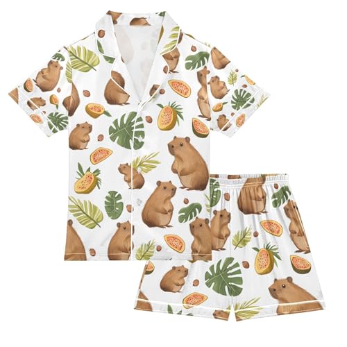 senya Cute Capybara Tropical Fruits 1 Satin Summer Pajama Sets Silk Short Sleeve Button Down Sleepwear