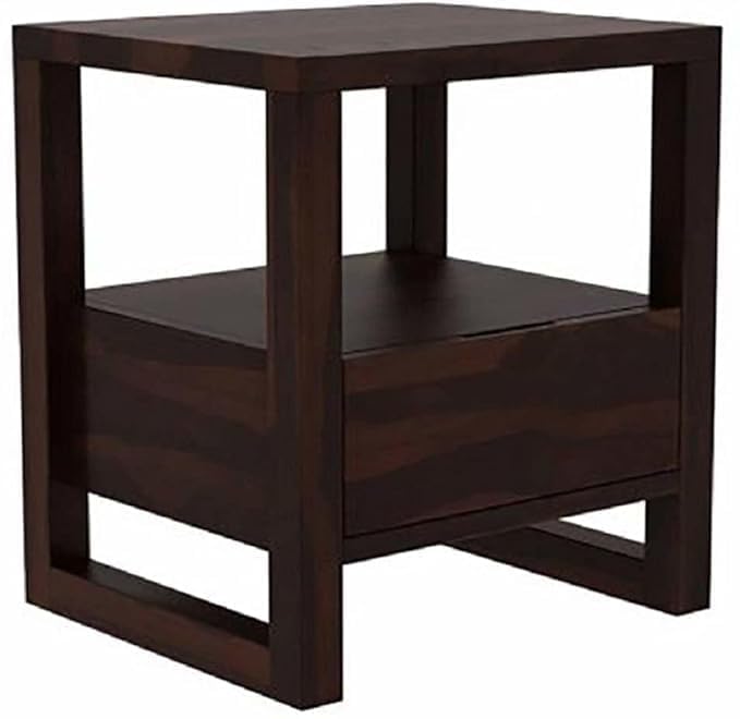 Image of Sheesham Wooden Bedside Table with Shelf Storage for Bedroom | Solid Wood Nightstand Lamp Table for Home | End Table | Rosewood Sofa Side Table for Living Room (Walnut)