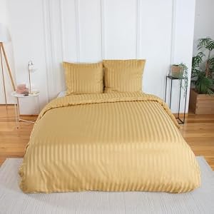 CÔTE DECO Beddengoedset, geel, gestreept, satijneffect, microvezel, 3-delig