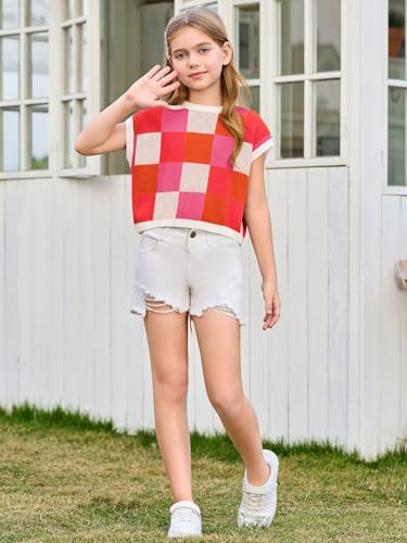 Image of Haloumoning Girls Summer Crop Tops Color Block Vest Cute Tanks Cap Sleeve Tee Loose Kids Knit Top 5-14 Years