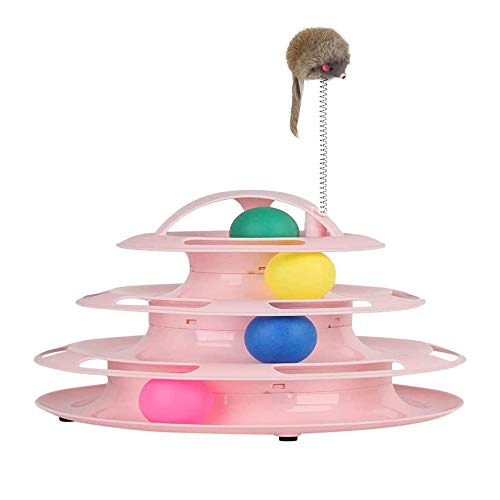 ZHOUHON Interaktives Katzenspielzeug,Katzen Spielturm Spielzeug,Katze Bälle Trackball mit 4 Bällen Katzenspielzeug/vierschichtiges Trackturm Katzenspielzeug (Pink) Cover