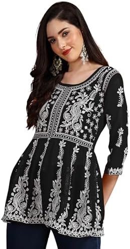 EthnicJunction Georgette Women Chikan Embroidery Short A-Line Kurti | Summer Kurti | Short Kurti for Women | Top for Office | Women's Tunics Tops | Kurta Shirt Top | Regular Fit Top