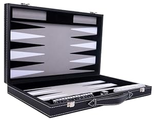 Engelhart - 250506 - Luxus Backgammon - Grau - 38 cm - 15 Zoll - Kunstleder - Filzeinlage - Perlmutt-Würfel und Spielsteine + 2 Becher - Strategie - Backgammon-Spiel