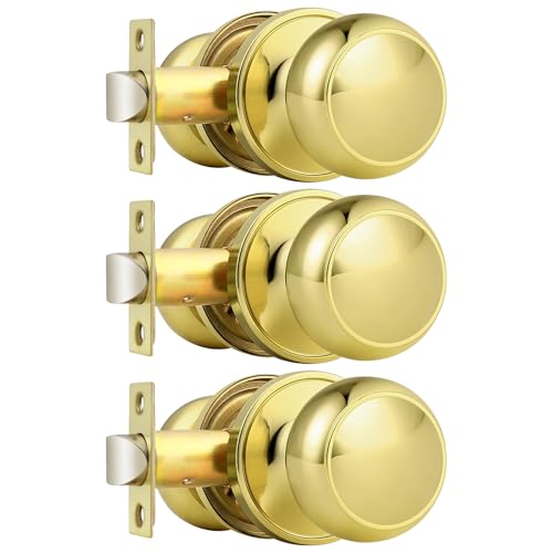 Probrico Passage Door Knobs, Polished Brass Door Handle Knob for Hall/Closet Door, 3 Pack