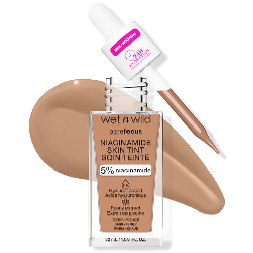 Wet n Wild Bare Focus Niacinamide Skin Tint, Leichte Foundation mit Aufbaubarer Formel, Angereichert mit Hyaluronsäure und Vitamin E für einen Strahlenden Look, Deep