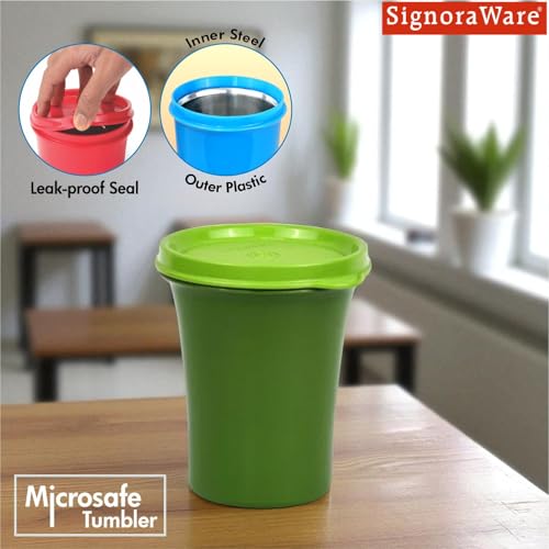 Image of SignoraWare Monarch Stainless Steel Tumbler | Airtight & Leakproof | Easy to Carry & Clean | Ideal for Cold Beverages | Perfect for Office, School, Home & Outdoor Use (400ml | Green)