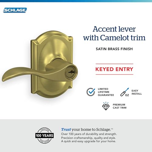 Image of SCHLAGE Accent Lever with Camelot Trim Keyed Entry Lock in Satin Brass - F51A ACC 608 CAM
