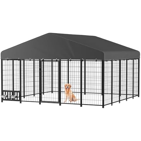 JFHID Heavy Duty Outdoor Dog Kennel for Yard, 10x10 Large Steel Chain Link Fence with Roof, Dog Run Enclosure with Feeding Bowl & Self-Locking Latch Cover