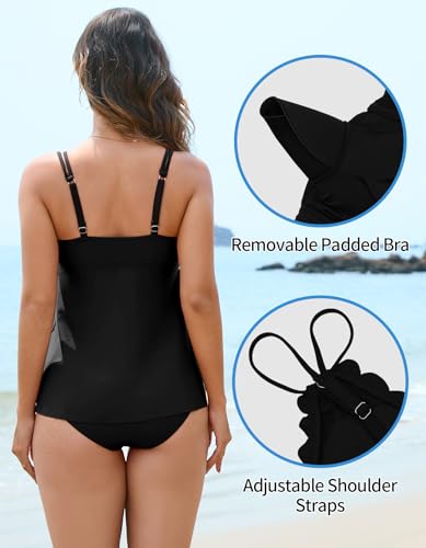 Two Piece Tankini Swimsuits for Women Scallop Trim V Neck Tankini Top with Bottom Tummy Control Bathing Suit4