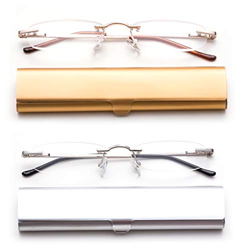 2 Pairs Reading Glass in Hard Case Super Lightweight Aluminum Front Open Case on the Go Rimless Reading Glasses 1.50 Stylish Reading Glasses for Men Women