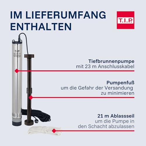 T.I.P. Tiefbrunnenpumpe Edelstahl 5.400l/h sandresistent Brunnen ab Ø10cm integriertes Rückschlagventil 5,3 bar Energiesparend, BigWell 90-53 AUT, 30084