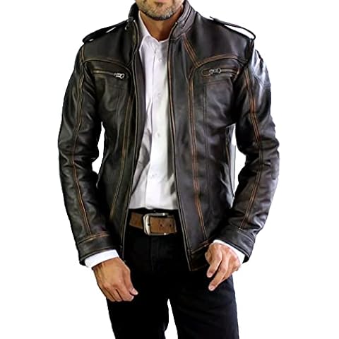 Mens Vintage Brando Biker Cafe Racer Motorcycle Leather Jacket (XX-Large) Cover