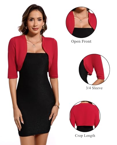 Image of MINTLIMIT Womens Bolero Shrugs 3 /4 Sleeve Lightweight Summer Cropped Cardigan Shrug Top for Evening Party Dresses,XL,Red
