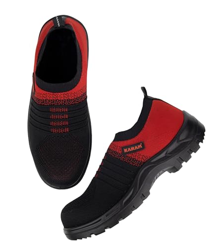 Image of KARAM Flytex FS202 Safety Shoes for Men | Sporty Design, Lightweight with Single Density | Antistatic, Antislip, Oil & Heat Resistant with Fiber Toe | Red & Black | Size-07