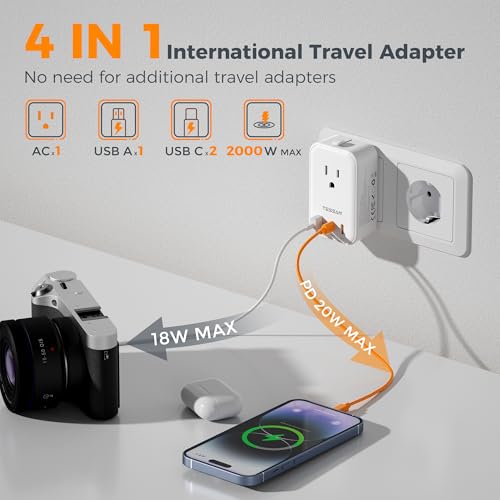 Image of TESSAN Universal Travel Adapter PD 20W, International Power Adapter with 2 USB C 1 USB A Charging Ports, Worldwide Power Outlet Travel Essentials for US to EU UK AUS Scotland (Type C G A I), White