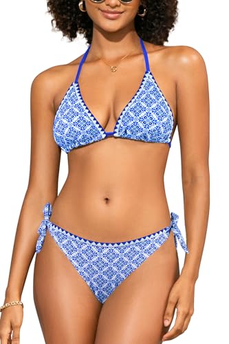SHEKINI Women's Bikini Set Triangle Halter Tie Side Cheeky Bottom Paisley Shell Stitched Two Piece Swimsuit Boho Beach Swimwear, Blue Lozenge, S