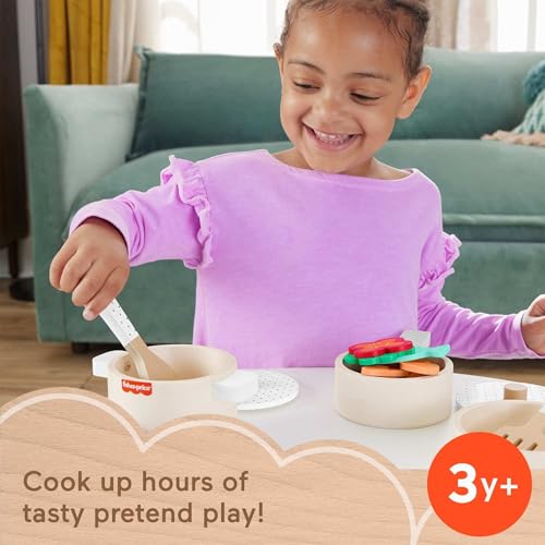 Fisher-Price Wood Kitchen Pretend Play Toy Pots & Pans Set, 19-Piece Playset Wooden, Metal & Fabric for Preschool Kids Ages 3+ Years - Image 2
