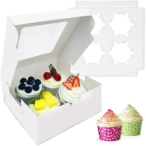 MUMULULU 8 PCS White Paper Cupcake Boxes with 4 Cavity Cookie Gift Boxes with Clear Window 4 Treat Holder Cupcake Containers Bakery Cake Box for Birthday Party Bakery Supplies Cover