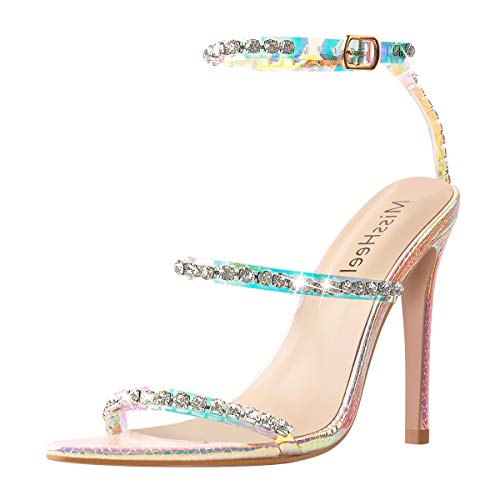 MissHeel Strappy Open Toe Heels with Rhinestone Stiletto Heeled Sandals Ankle Strap Sexy Silver Heels for Women Formal Dress Prom Sandles Holographic Size 8