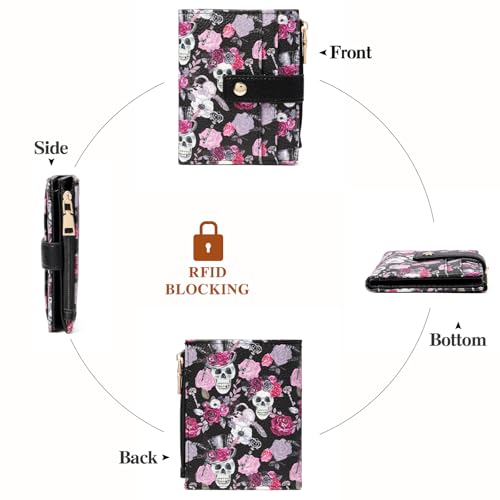 Image of GOIACII Small Wallet for Women Leather Bifold Zipper Coin Pocket RFID Blocking Cute Credit Card Holder Goth Skull