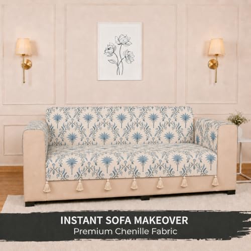 Image of STITCHNEST 'Eden Weaves Collection Series' 2 Seater Sofa Cover | Full Coverage with Armrest Pockets | Elegant Woven Fabric, Decorative Tassels, Washable & Durable for Modern Living
