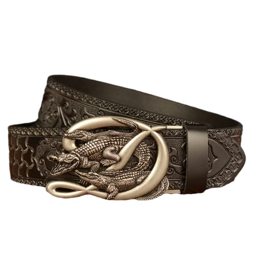 Men's Ratchet Leather Dress Belt - Floral Embossed Western Crocodile Automatic Buckle