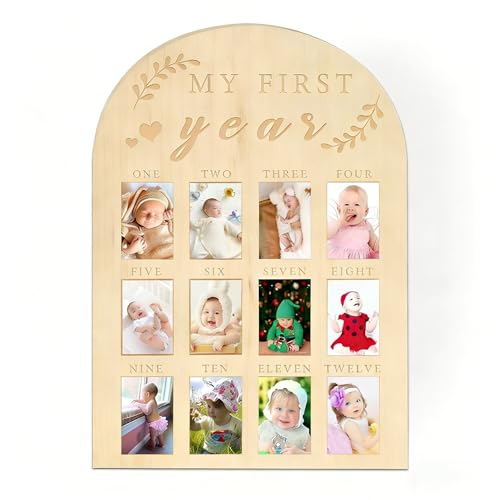 DegoCython Baby First Year Photo Board, Natural Wood, 16x12 Inches, Monthly Photo Display, Modern Farmhouse Style, Arch Shape, Tabletop Frame, Baby Photo Display, 12 Photo Slots
