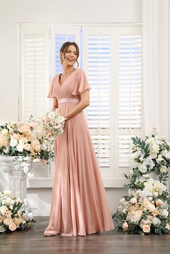 Short Sleeve Bridesmaid Dress for Women V Neck Long Formal Evening Dress with Pocket AU1494