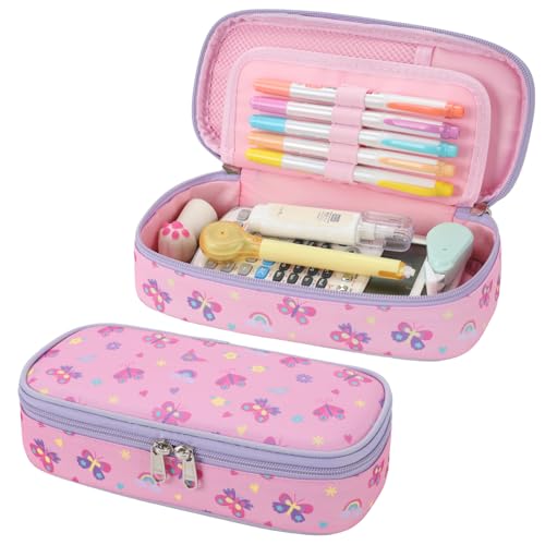 Image of Cute Kids Pencil Case - Girls Pen Pouch Large School Organizer | Pen Bag & Smooth Zipper, Multi-Slot Storage, Mesh Pocket, 900D Water Resistent, Giftable School Supplies, Pink Butterfly