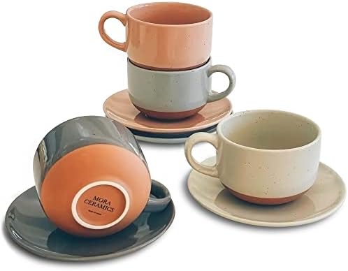 Mora Ceramics 8oz Cappuccino Mug Set of 4 - Ceramic Coffee Cups with Saucers - Microwave and Dishwasher Safe, Perfect For Tea, Espresso, Latte - Porcelain Mugs for Kitchen or Cafe - Assorted Neutrals