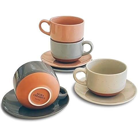 Mora Ceramics 8oz Cappuccino Mug Set of 4 - Ceramic Coffee Cups with Saucers - Microwave and Dishwasher Safe, Perfect For Tea, Espresso, Latte - Porcelain Mugs for Kitchen or Cafe - Assorted Neutrals Cover