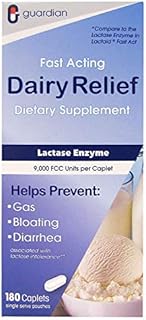 Guardian Dairy Relief Fast Acting Lactase, 180 Caplets, 9000 FCC Maximum Strength, Lactose Intolerance Pills, Lactase Enzyme (180 CT)