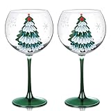 Joeyan 580ml Grandes Copas de Vino Tinto de Navidad,Juego de 2 Copas Balón con Tallo para Borgoña y Gin Tonic,Acabado Cristal con Diseño Pintado a Mano-Árbol Verde & Copos,Regalo de Fiestas y Navidad