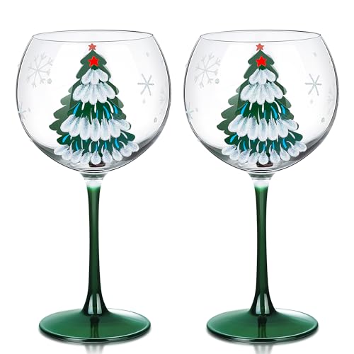 Joeyan 580ml Grandes Copas de Vino Tinto de Navidad,Juego de 2 Copas Balón con Tallo para Borgoña y Gin Tonic,Acabado Cristal con Diseño Pintado a Mano-Árbol Verde & Copos,Regalo de Fiestas y Navidad