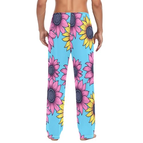 Men's Pajama Bottom Sunflowers Pink Yellow Cotton Pajama Pants Drawstring Sleepwear Long Pants Pockets3