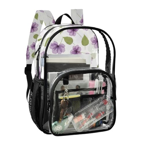 Purple Flora Flowers Leaves Beige Travel Clear Bags for Women Kids Girls Backpack Boys Approved Transparent Bag2